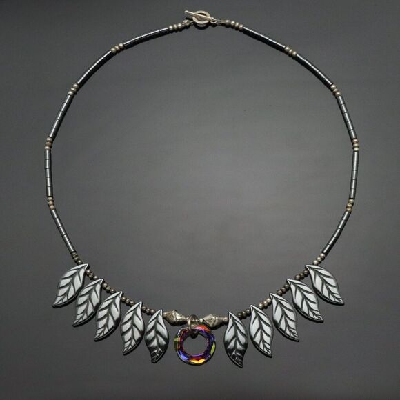 Vintage 925 Artisan Leaf Bib Necklace | Iridescent Crystal & Hematite | 19” - Picture 4 of 12